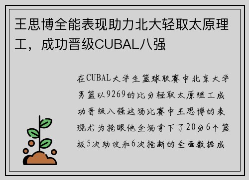 王思博全能表现助力北大轻取太原理工，成功晋级CUBAL八强